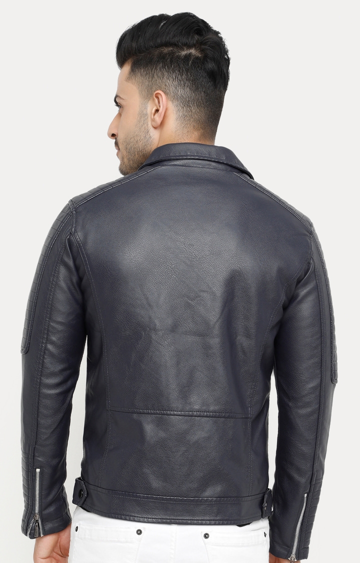 Showoff | SHOWOFF Men's Full Sleeve Slim Fit Navy Blue Leather Jacket 3