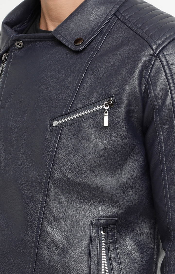 Showoff | SHOWOFF Men's Full Sleeve Slim Fit Navy Blue Leather Jacket 4