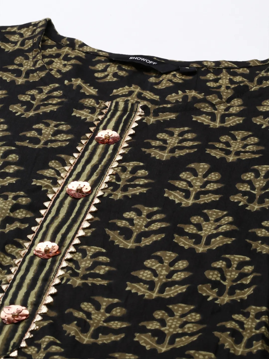 Showoff | SHOWOFF Women Black Printed Scoop Neck Three-Quarter Sleeves Mid Length Straight Kurta Set 1