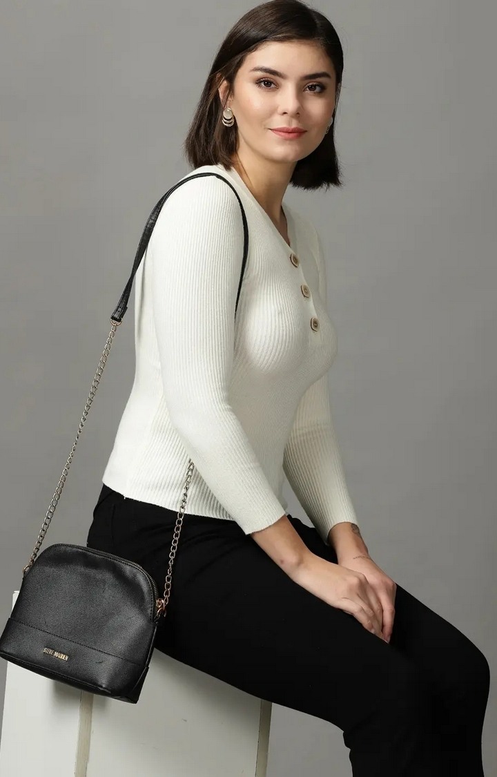 SHOWOFF Women Cream Solid V Neck Full Sleeves Regular Fitted Top