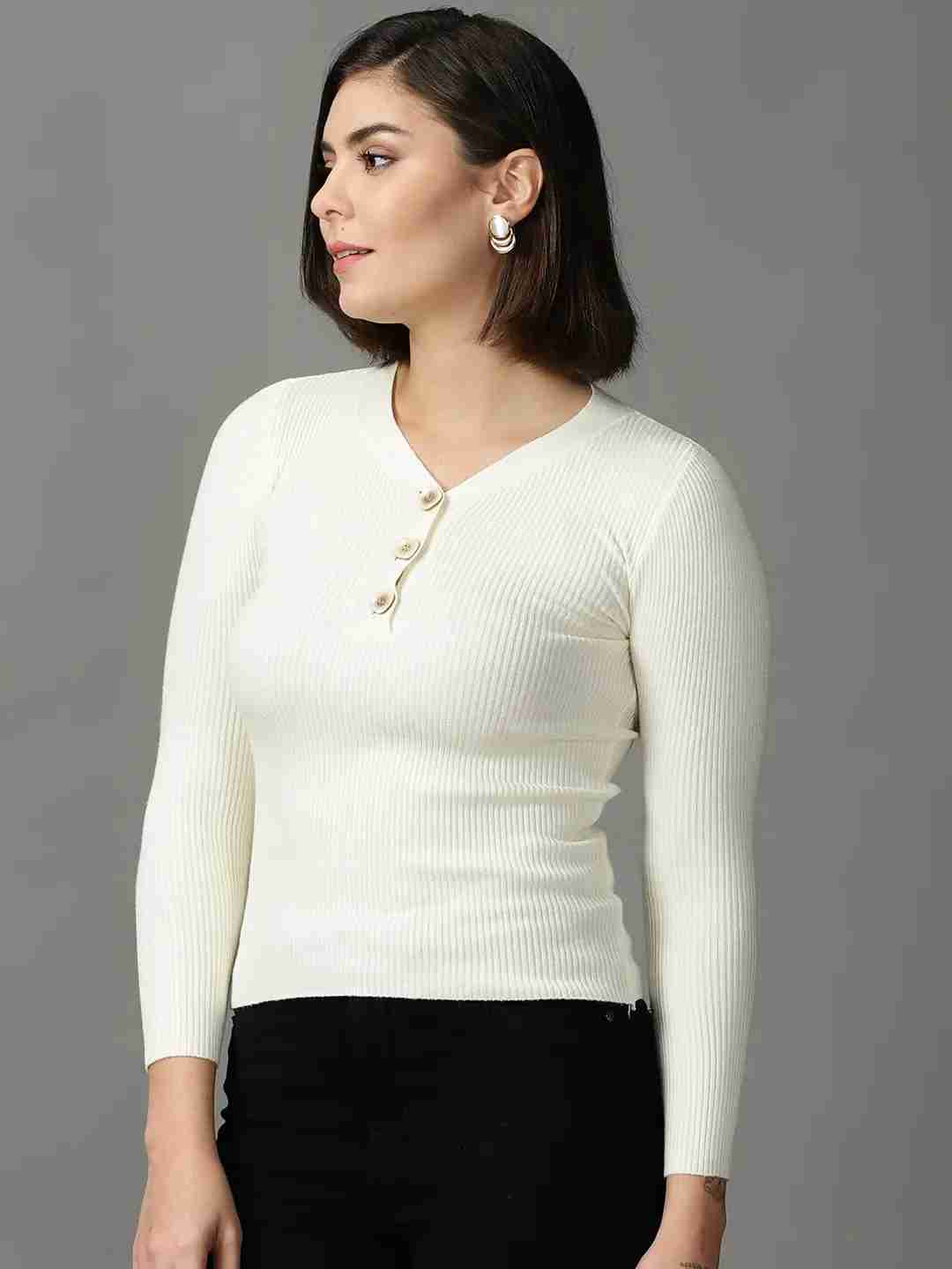 SHOWOFF Women Cream Solid V Neck Full Sleeves Regular Fitted Top