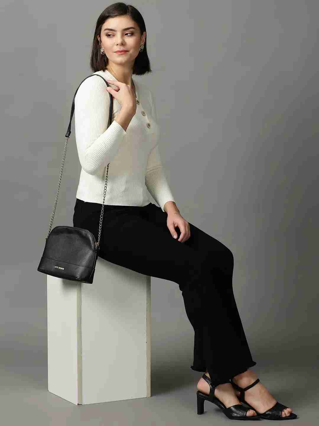 SHOWOFF Women Cream Solid V Neck Full Sleeves Regular Fitted Top