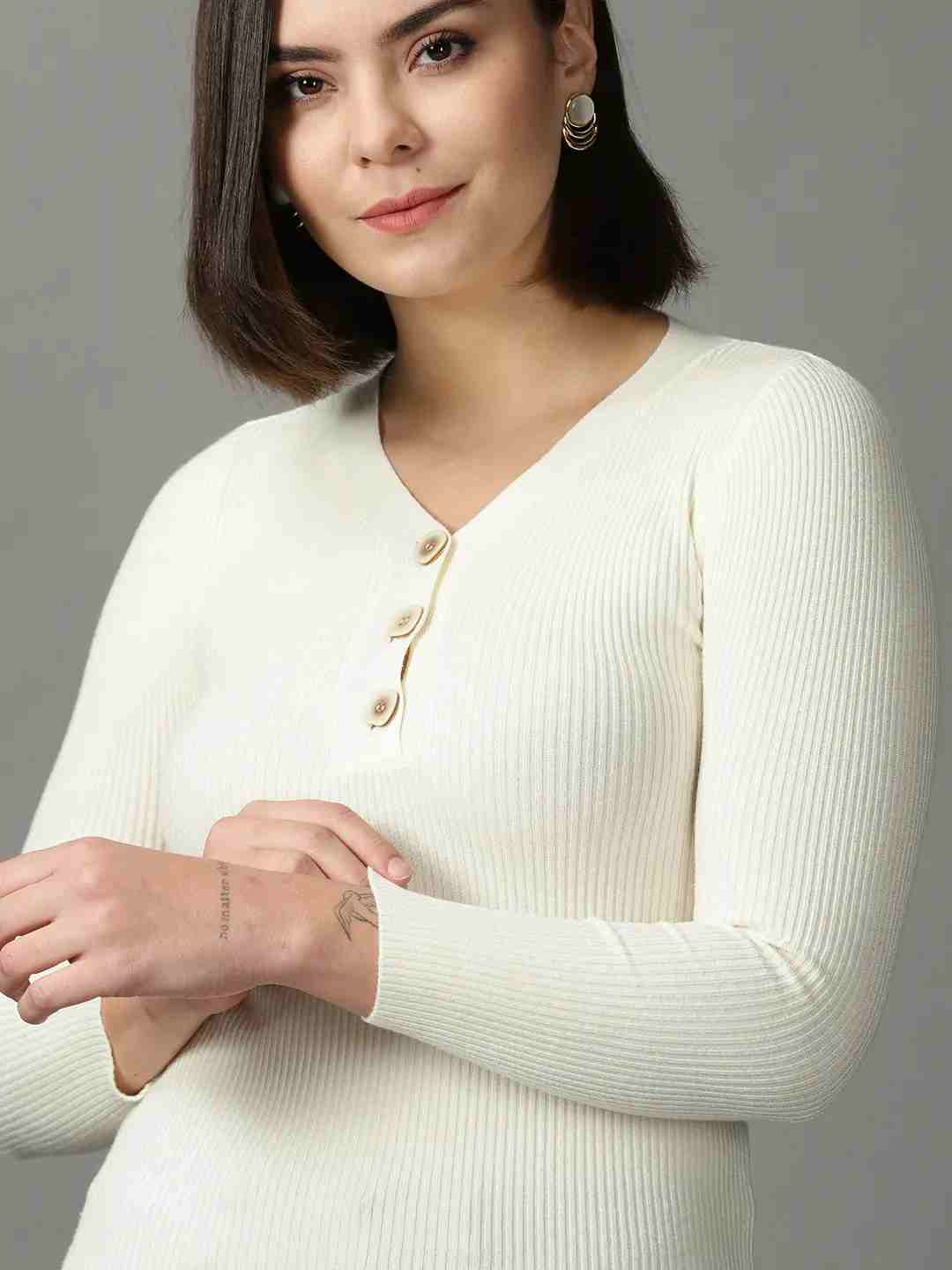 SHOWOFF Women Cream Solid V Neck Full Sleeves Regular Fitted Top