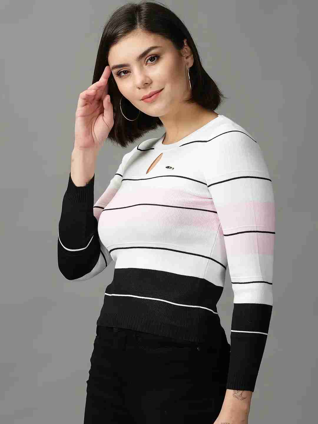 SHOWOFF Women White Colourblocked Round Neck Full Sleeves Regular Top