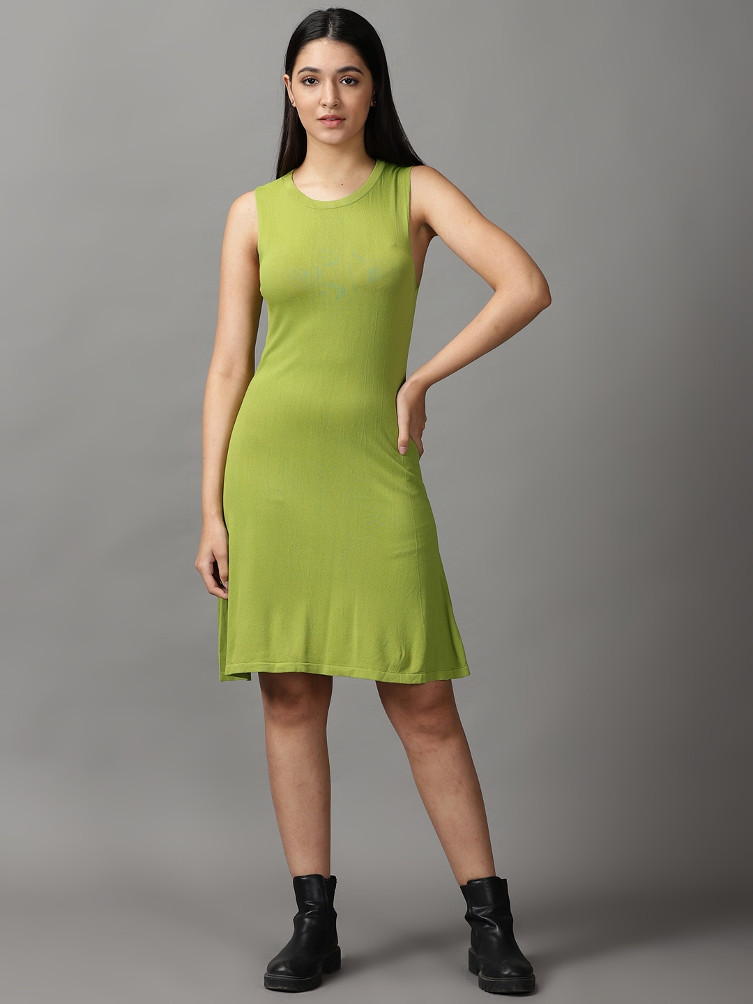 Showoff | SHOWOFF Women Green Solid Keyhole Neck Sleeveless Knee length A-Line Dress 1