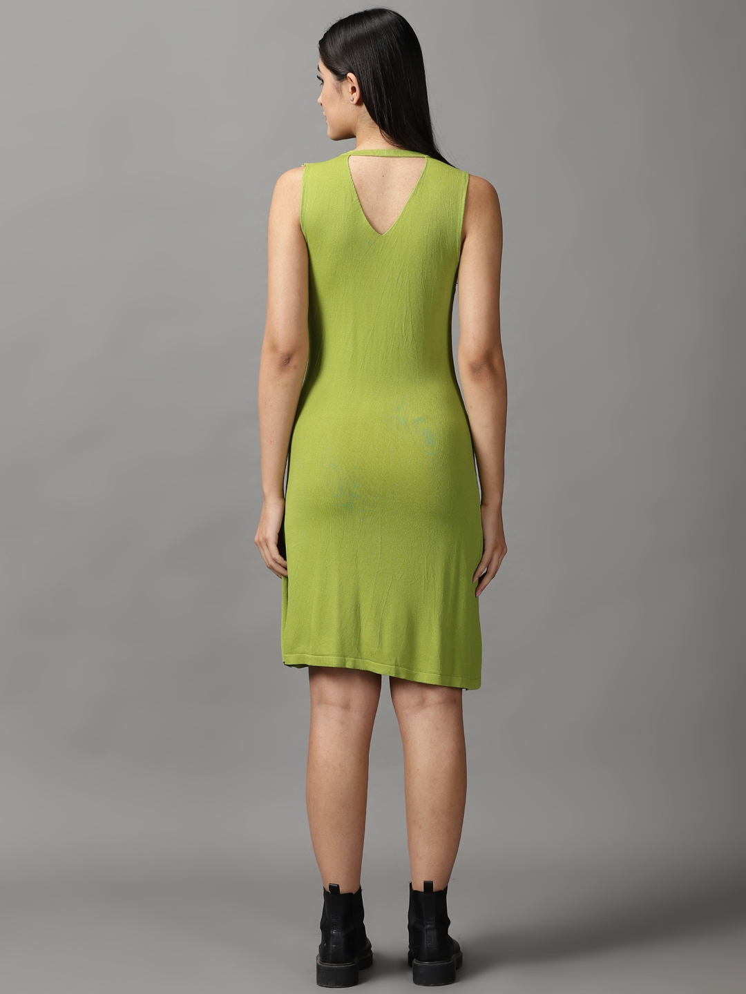 Showoff | SHOWOFF Women Green Solid Keyhole Neck Sleeveless Knee length A-Line Dress 3