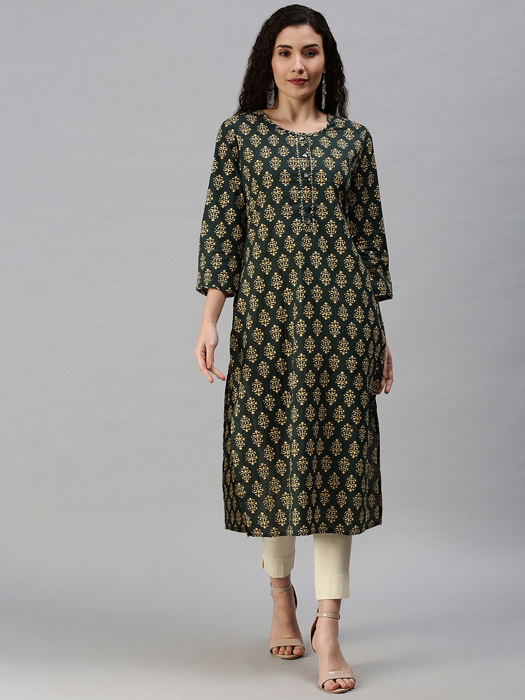 SHOWOFF Women's Green Mid Length Ethnic Motifs Kurta