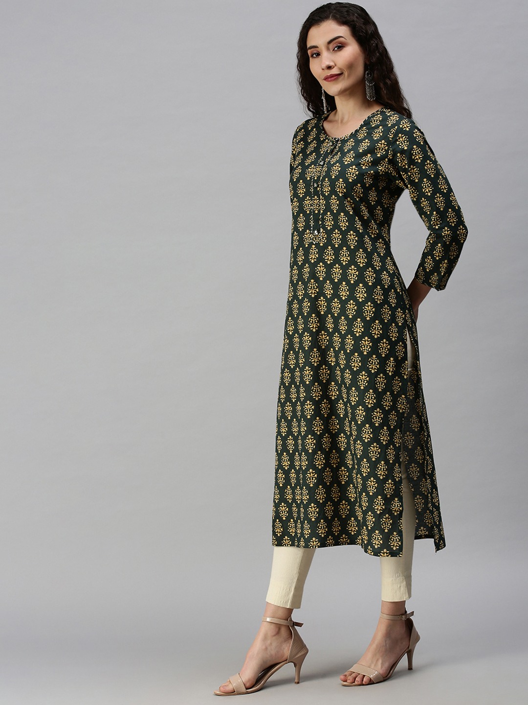 SHOWOFF Women's Green Mid Length Ethnic Motifs Kurta