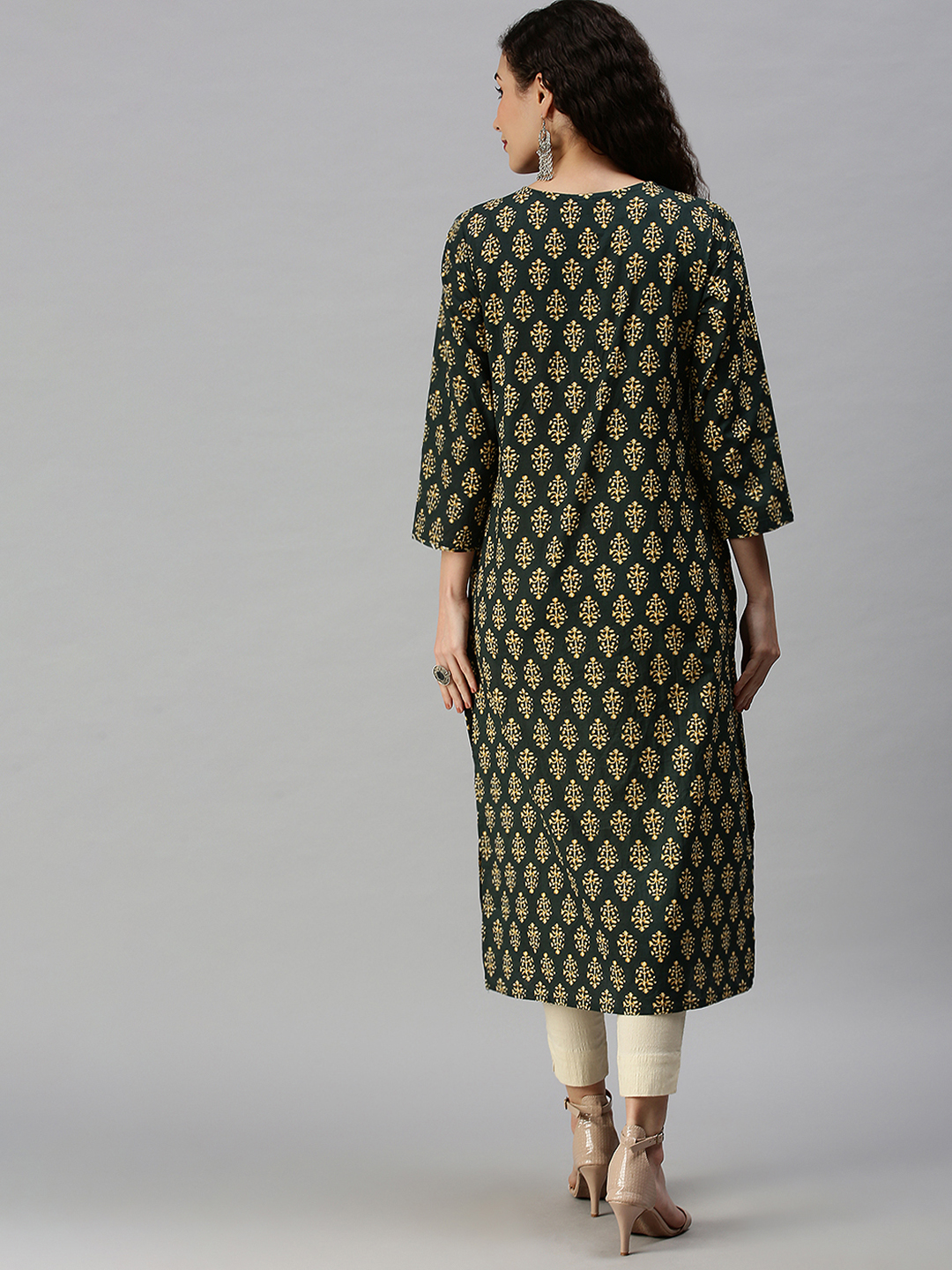 SHOWOFF Women's Green Mid Length Ethnic Motifs Kurta