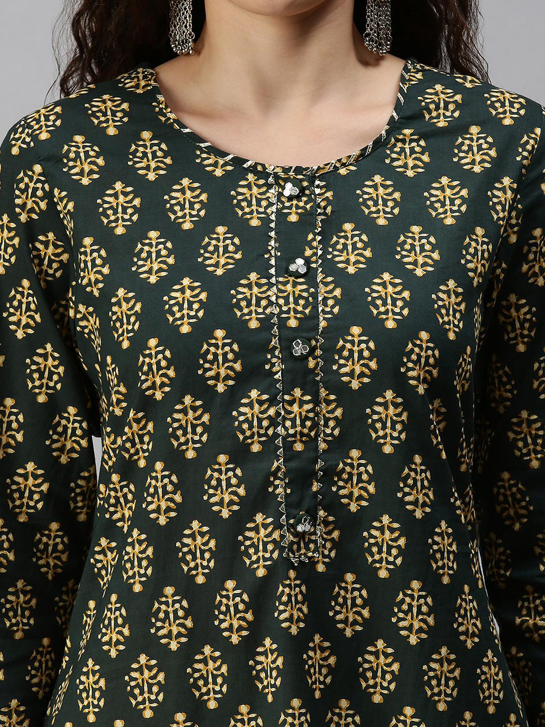 SHOWOFF Women's Green Mid Length Ethnic Motifs Kurta