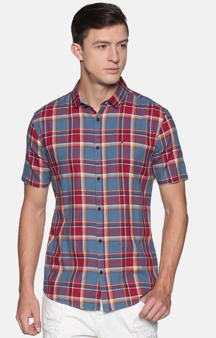 Showoff | SHOWOFF Men Rust Checked Classic Collar Short Sleeves Slim Fit Casual Shirt 0