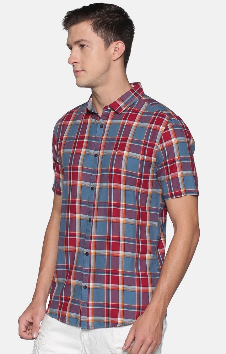 Showoff | SHOWOFF Men Rust Checked Classic Collar Short Sleeves Slim Fit Casual Shirt 1
