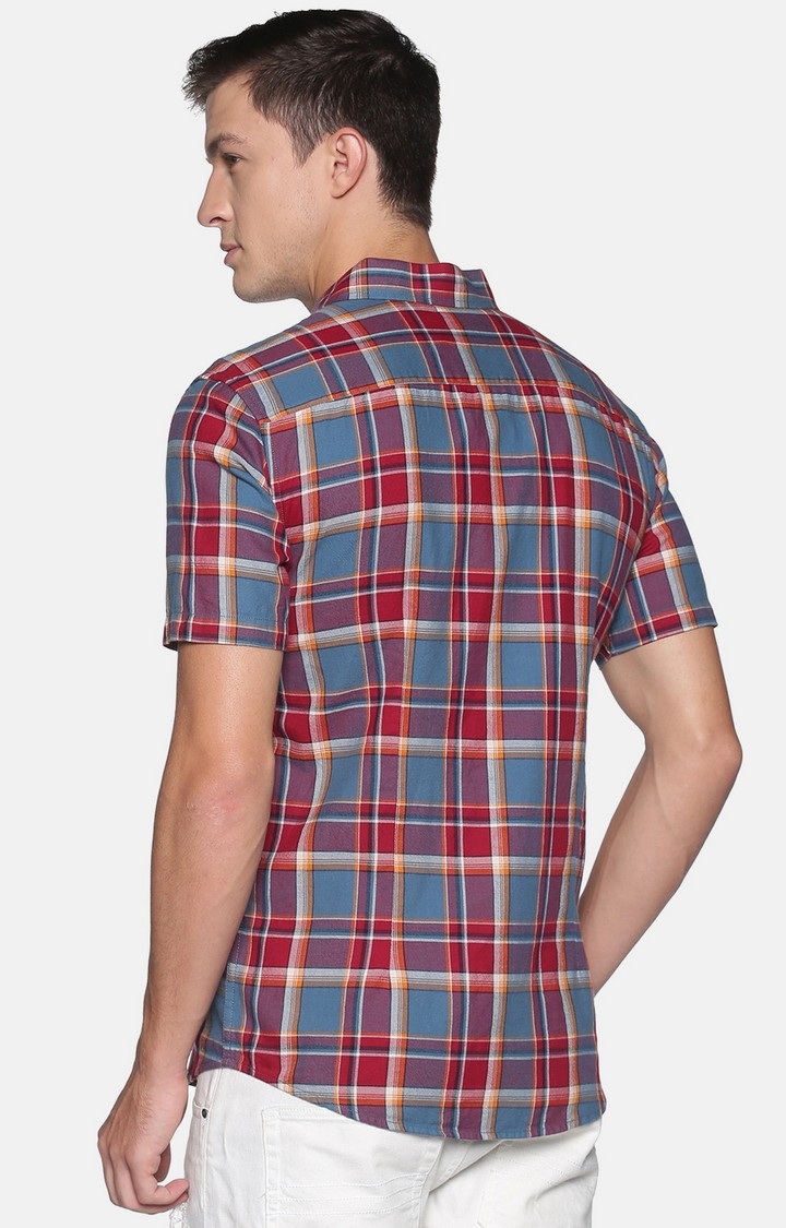 Showoff | SHOWOFF Men Rust Checked Classic Collar Short Sleeves Slim Fit Casual Shirt 2