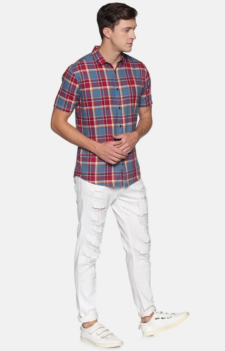 Showoff | SHOWOFF Men Rust Checked Classic Collar Short Sleeves Slim Fit Casual Shirt 3