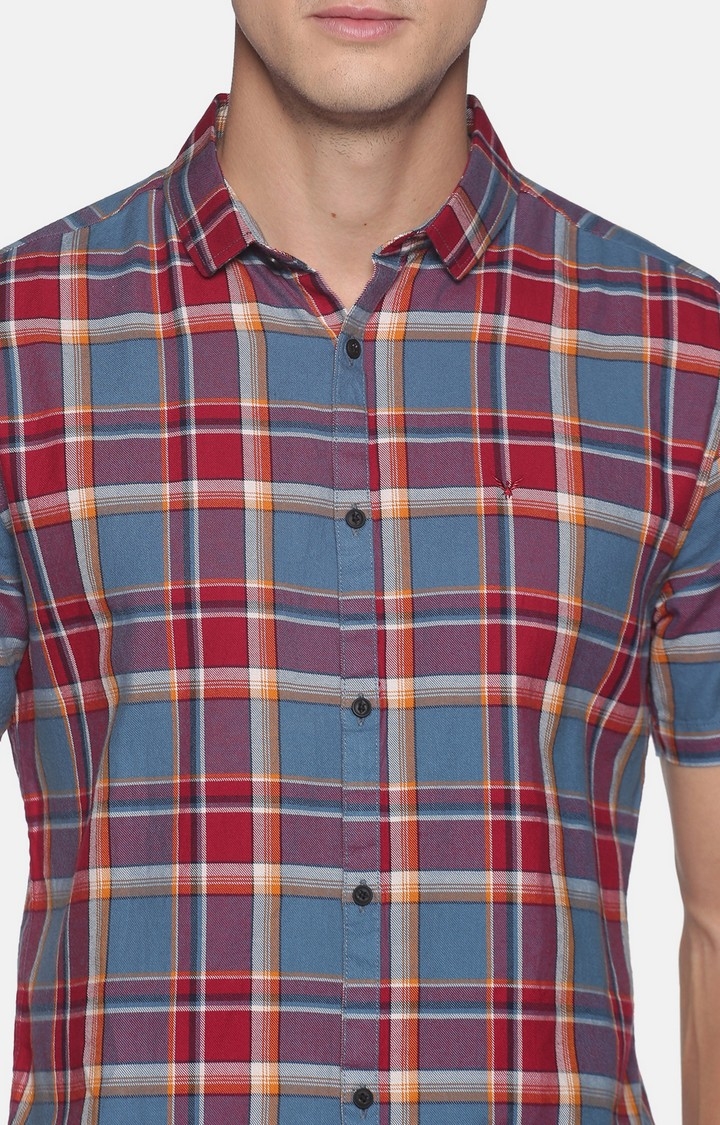 Showoff | SHOWOFF Men Rust Checked Classic Collar Short Sleeves Slim Fit Casual Shirt 4
