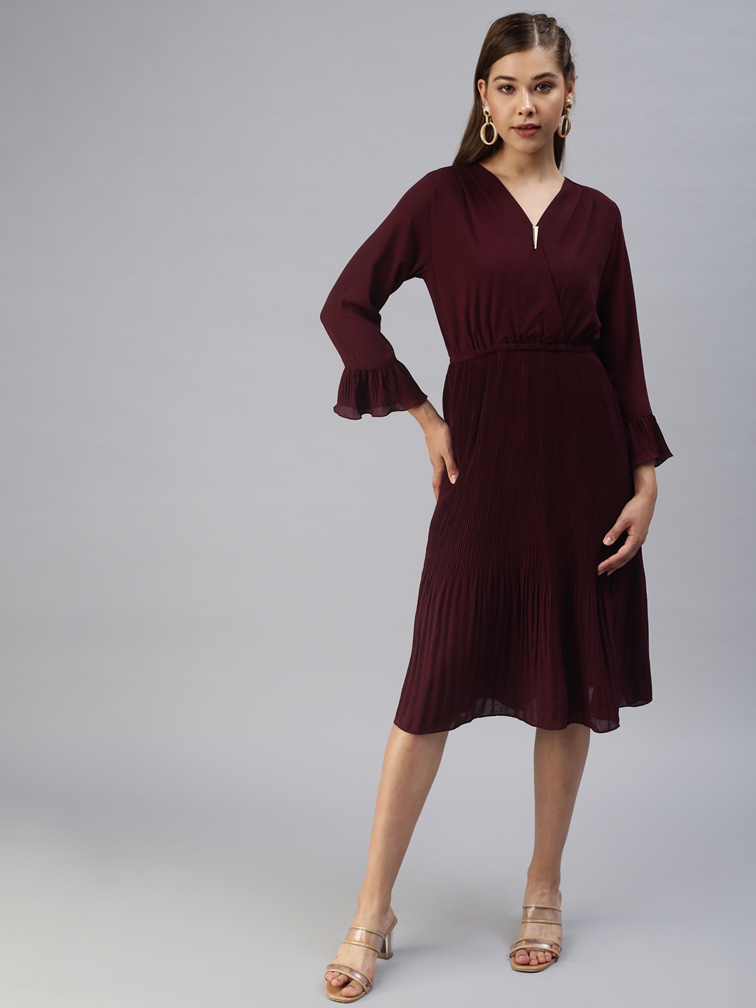 Showoff | SHOWOFF Women Burgundy Solid V Neck Three-Quarter Sleeves Midi Fit and Flare Dress 1