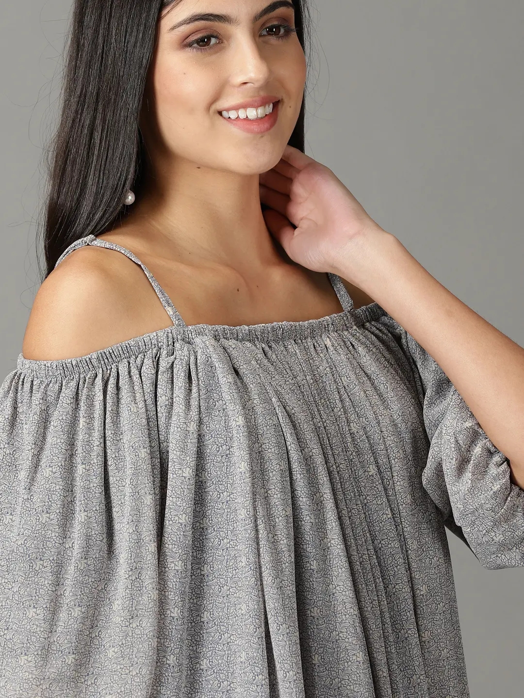 Showoff | SHOWOFF Women Grey Printed Shoulder Straps Three-Quarter Sleeves Regular Top 5