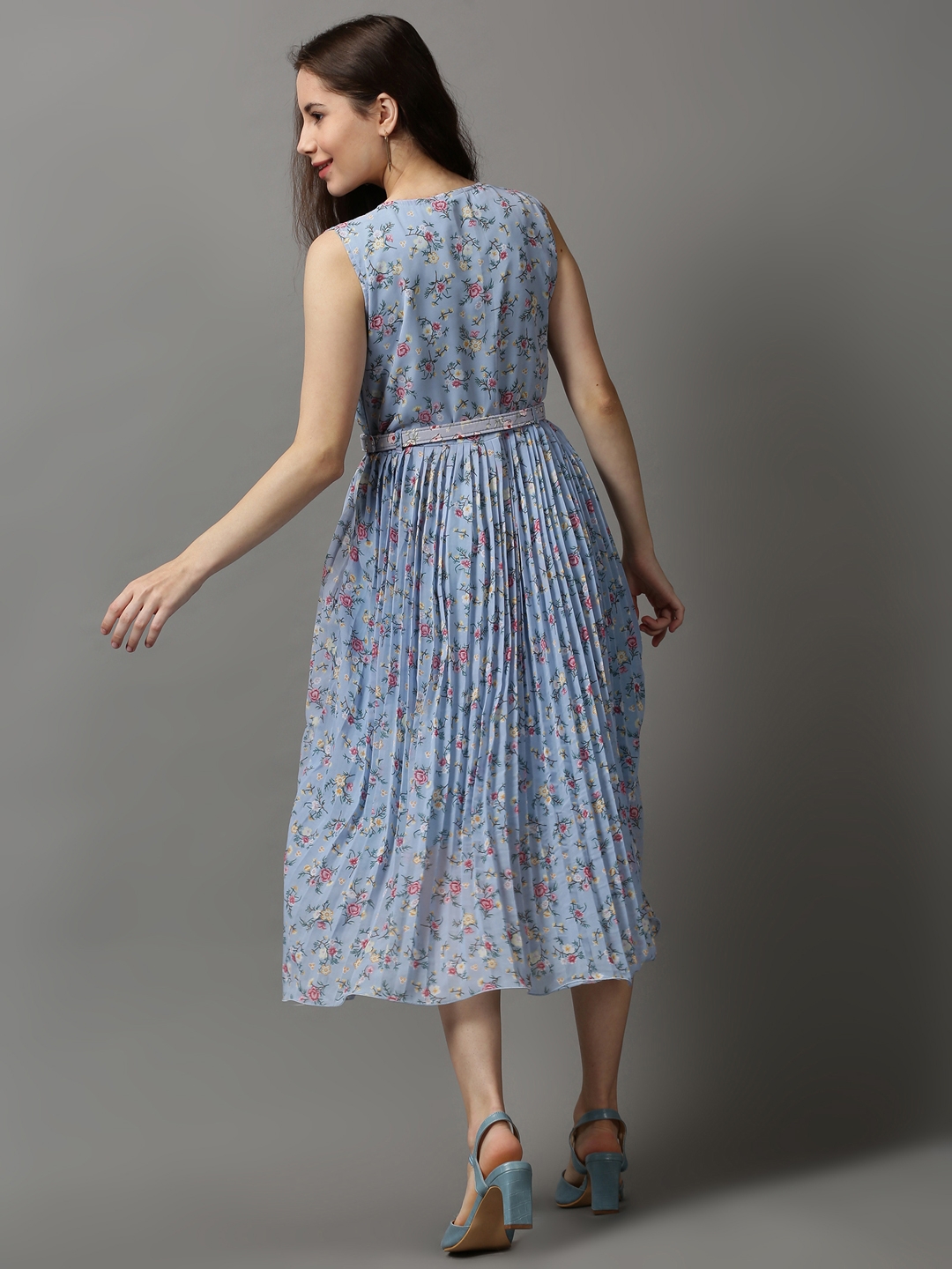 Showoff | SHOWOFF Women's Round Neck Embellished Blue Midi Dress 3
