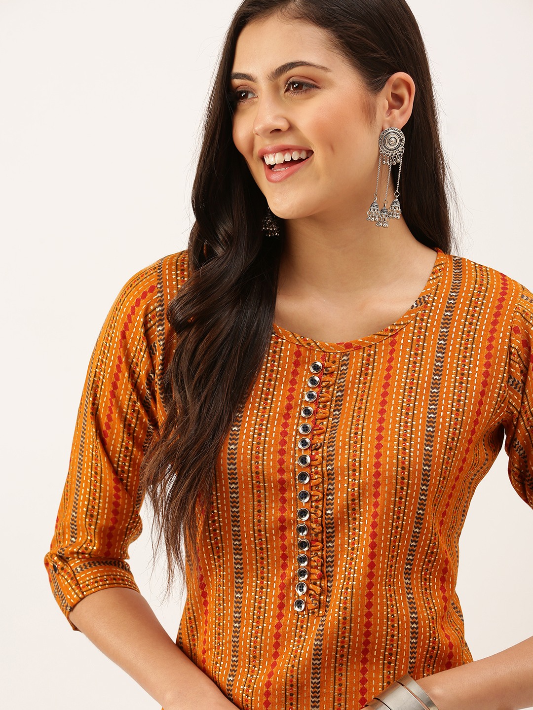 SHOWOFF Women's Mid Length Mustard Geometric Kurta