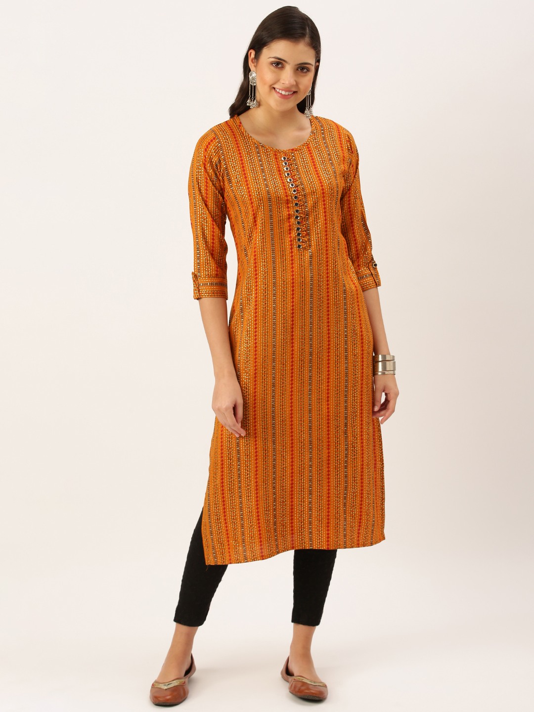 SHOWOFF Women's Mid Length Mustard Geometric Kurta