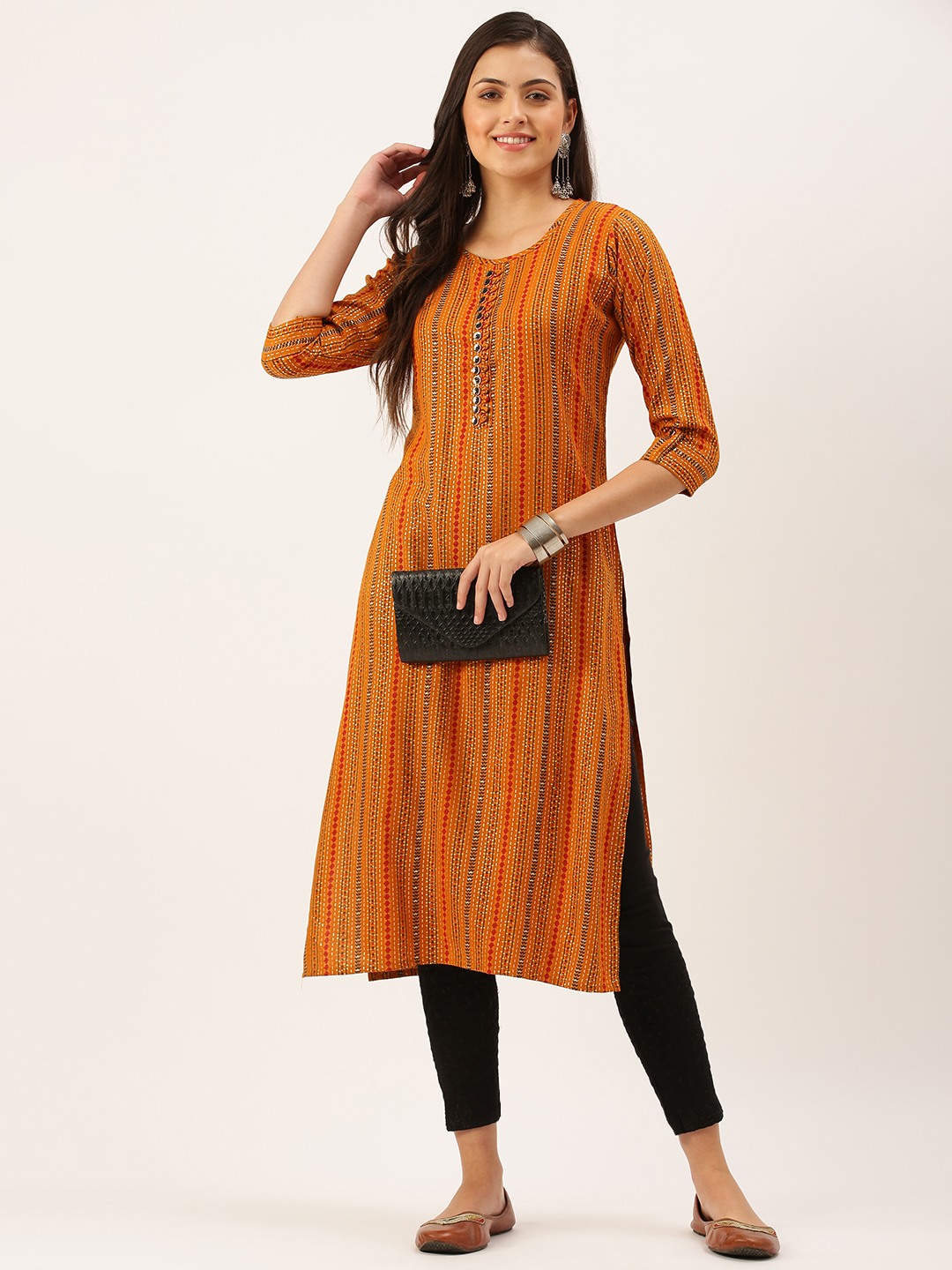 SHOWOFF Women's Mid Length Mustard Geometric Kurta