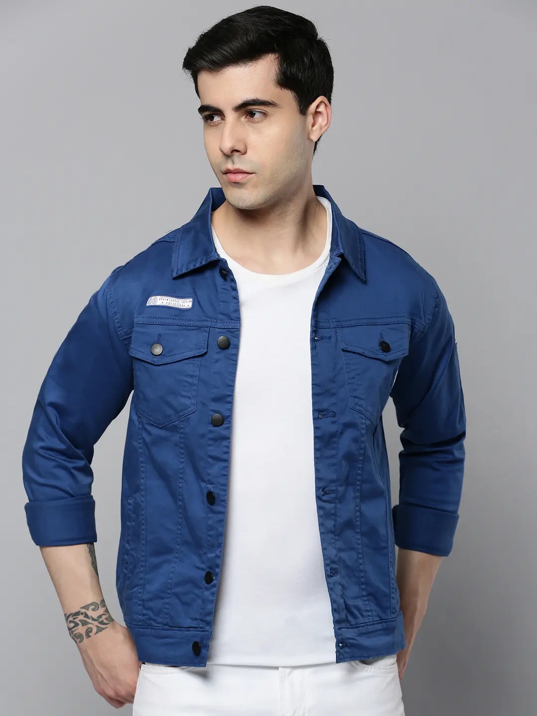 Showoff | SHOWOFF Men Blue Solid Spread Collar Full Sleeves Open Front Jacket 1