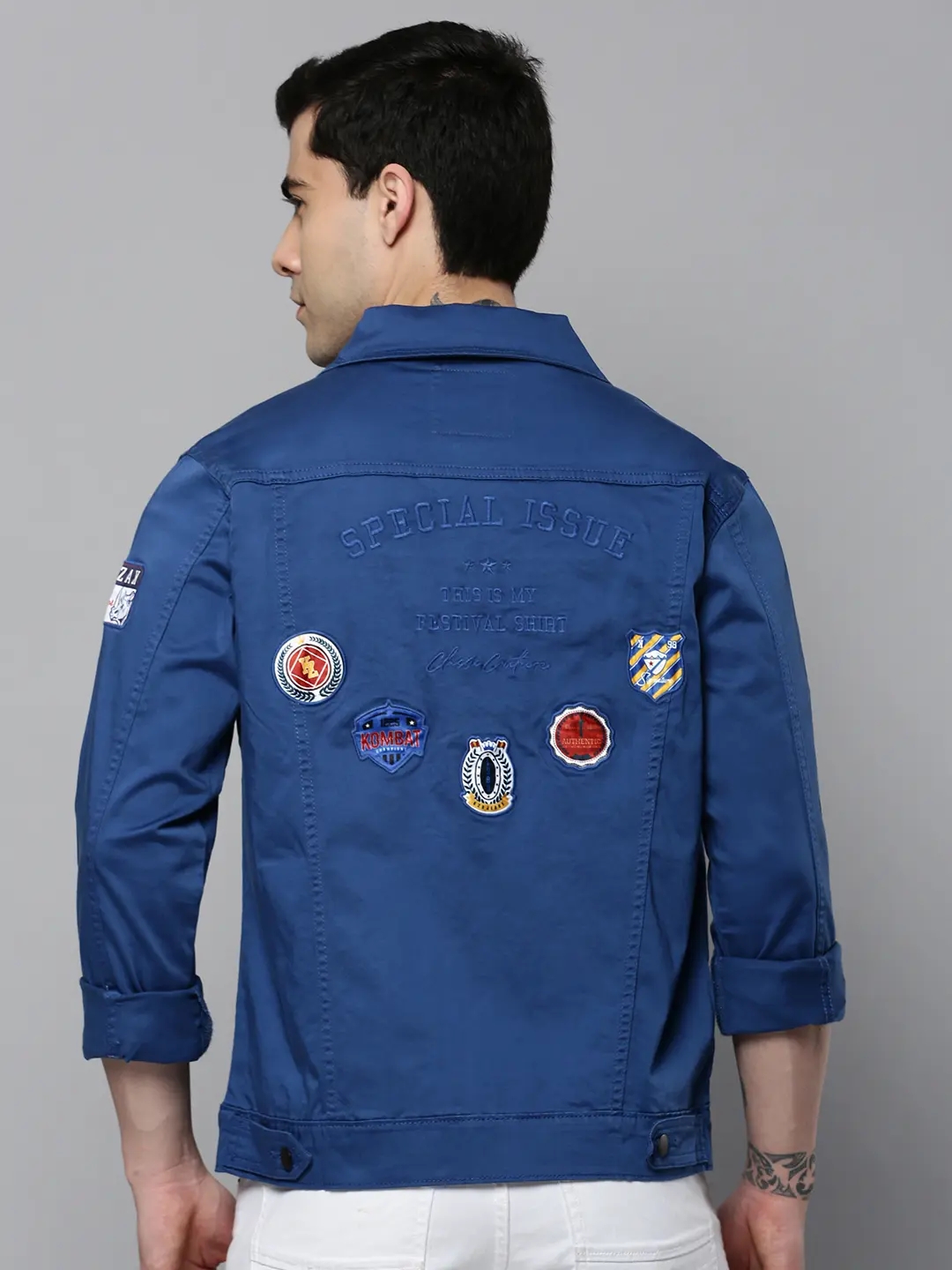 Showoff | SHOWOFF Men Blue Solid Spread Collar Full Sleeves Open Front Jacket 3