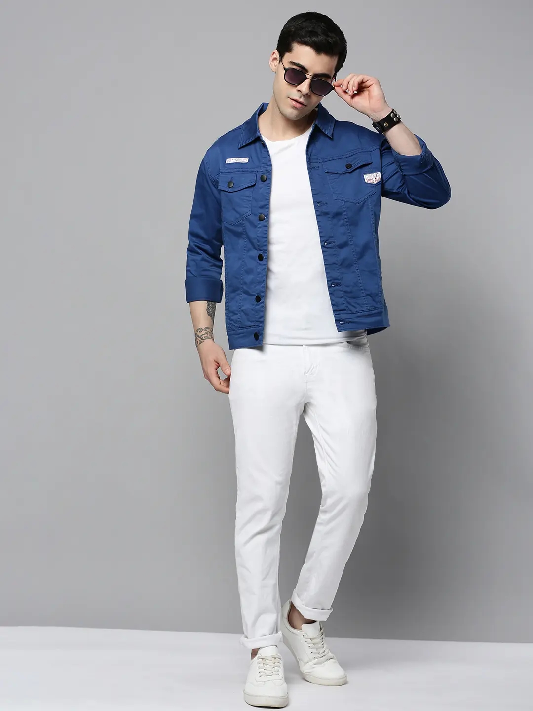 Showoff | SHOWOFF Men Blue Solid Spread Collar Full Sleeves Open Front Jacket 4