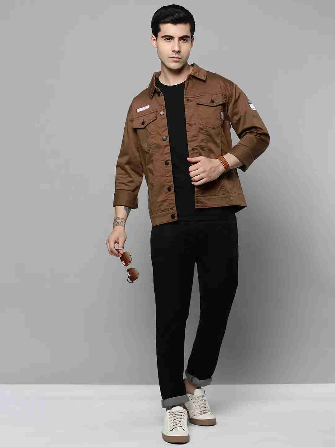 SHOWOFF Men Camel Brown Solid Spread Collar Full Sleeves Open Front Jacket