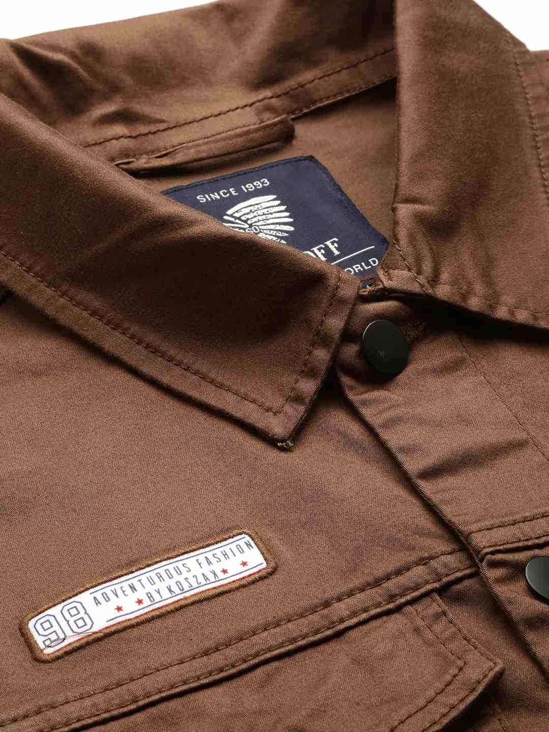 SHOWOFF Men Camel Brown Solid Spread Collar Full Sleeves Open Front Jacket
