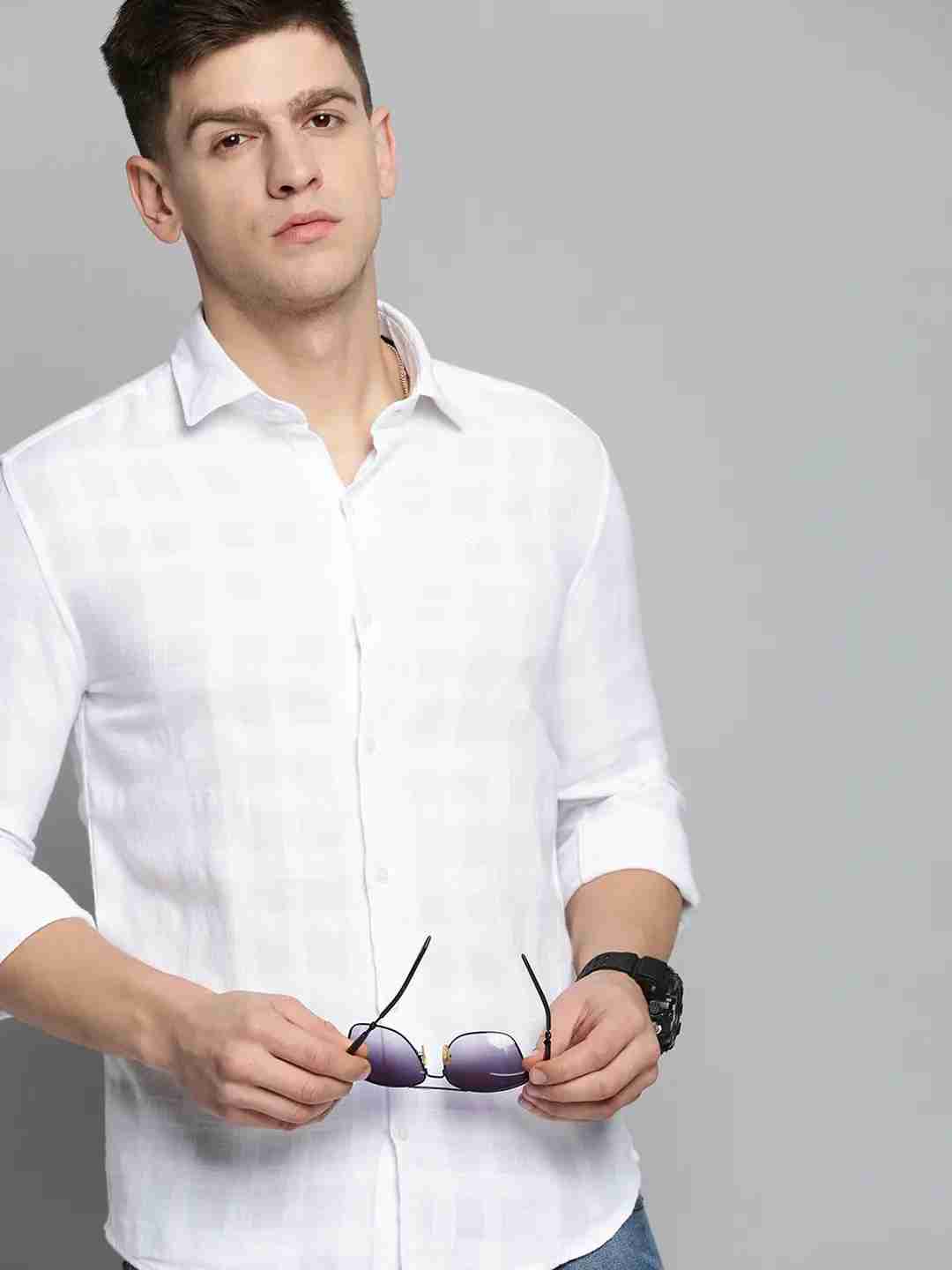 SHOWOFF Men White Solid Spread Collar Full Sleeves Casual Shirt
