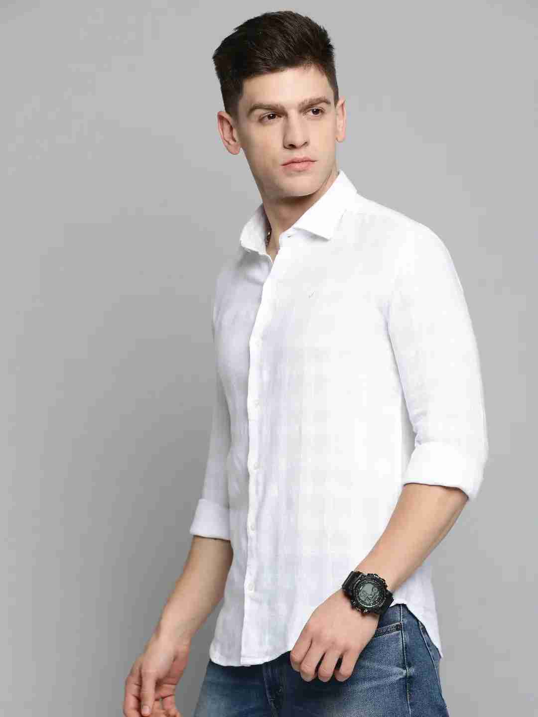 SHOWOFF Men White Solid Spread Collar Full Sleeves Casual Shirt