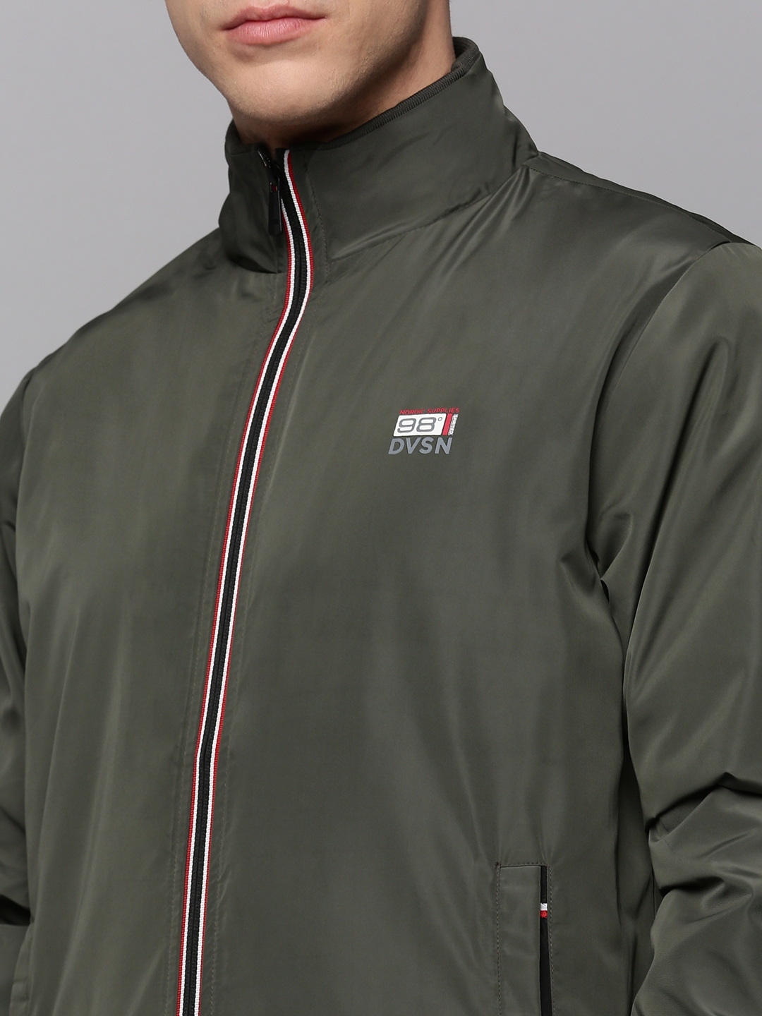 Showoff | SHOWOFF Men Olive Solid Mock Collar Full Sleeves Open Front Jacket 5