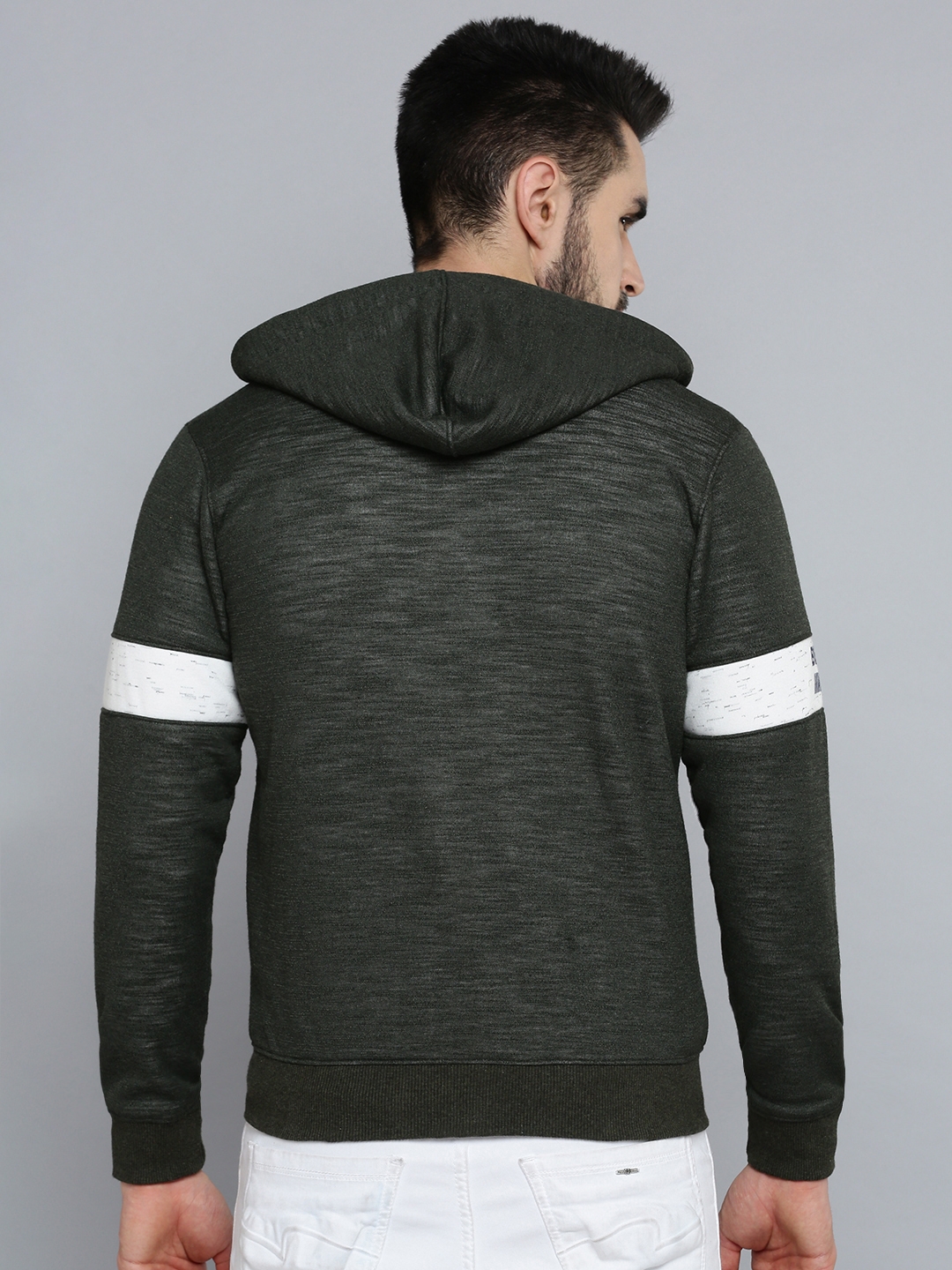 Showoff | SHOWOFF Men Olive Solid Hooded Full Sleeves Front-Open Sweatshirt 2