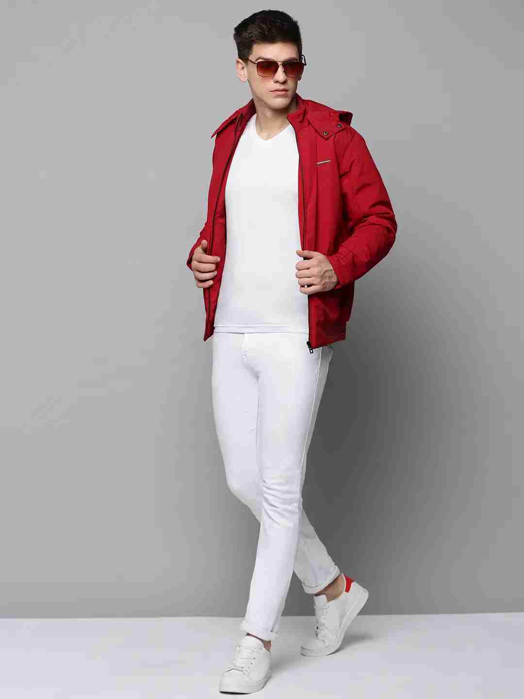 SHOWOFF Men Maroon Solid Hooded Full Sleeves Open Front Jacket