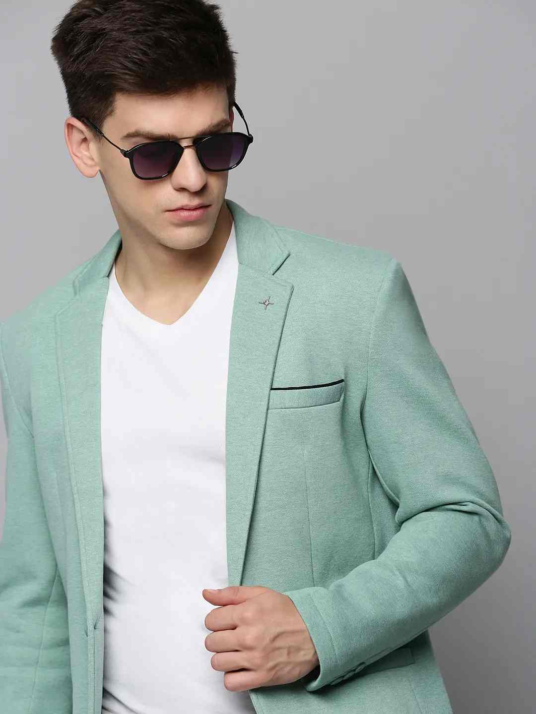 SHOWOFF Men Sea Green Solid Notched Lapel Full Sleeves Open Front