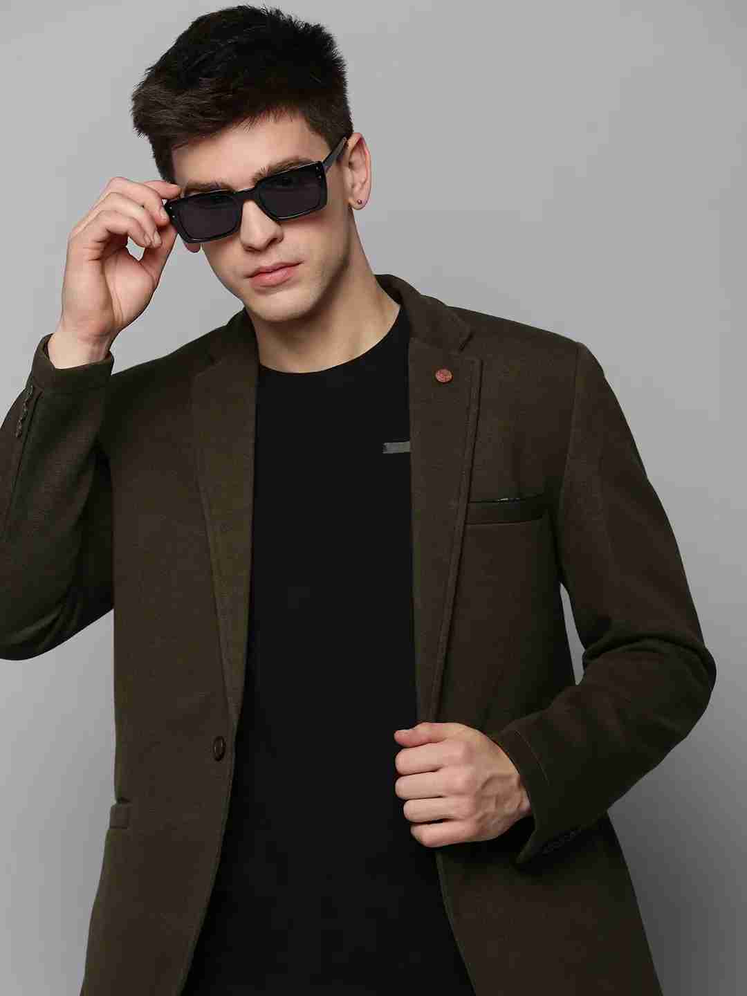 SHOWOFF Men Olive Solid Notched Lapel Full Sleeves Open Front Blazer