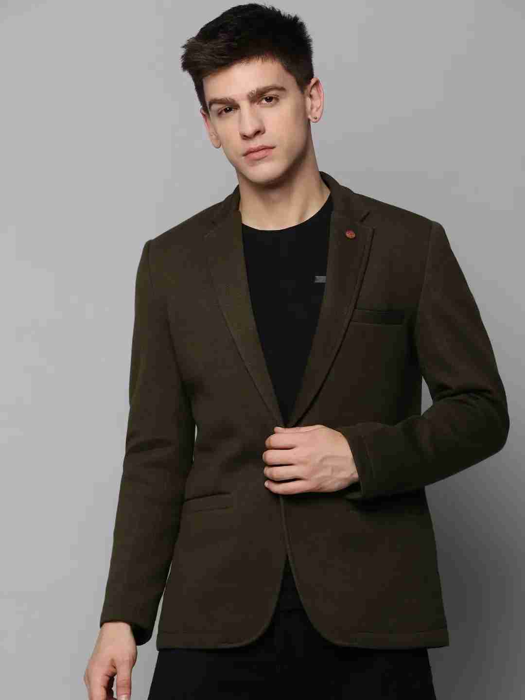 SHOWOFF Men Olive Solid Notched Lapel Full Sleeves Open Front Blazer
