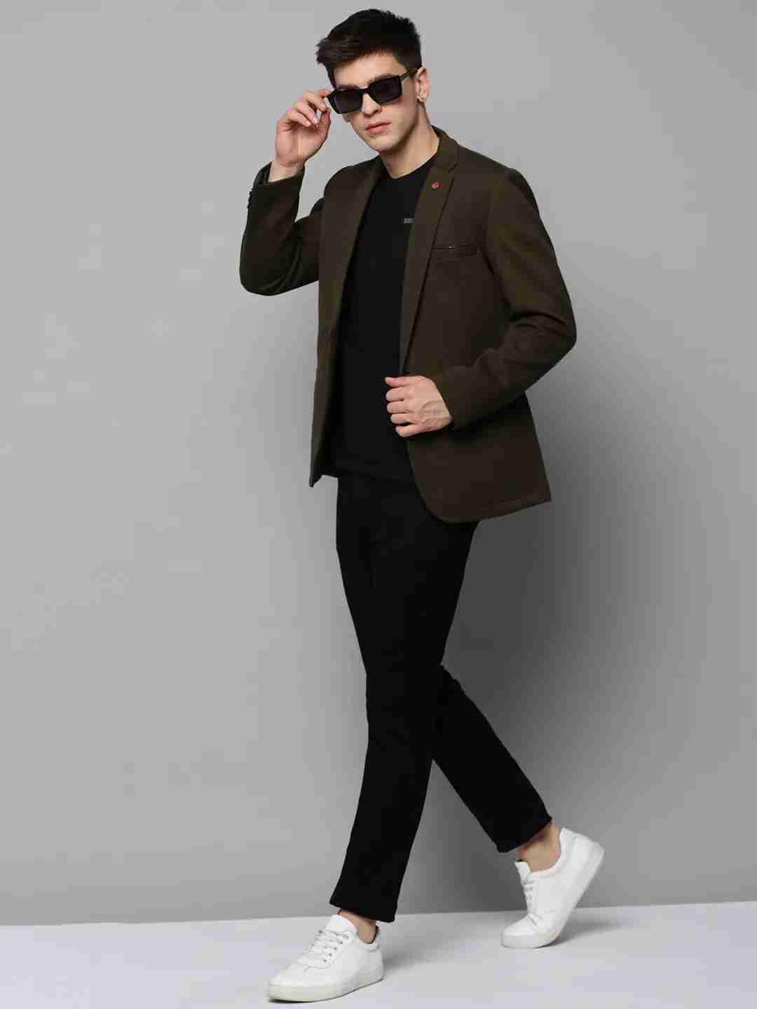 SHOWOFF Men Olive Solid Notched Lapel Full Sleeves Open Front Blazer