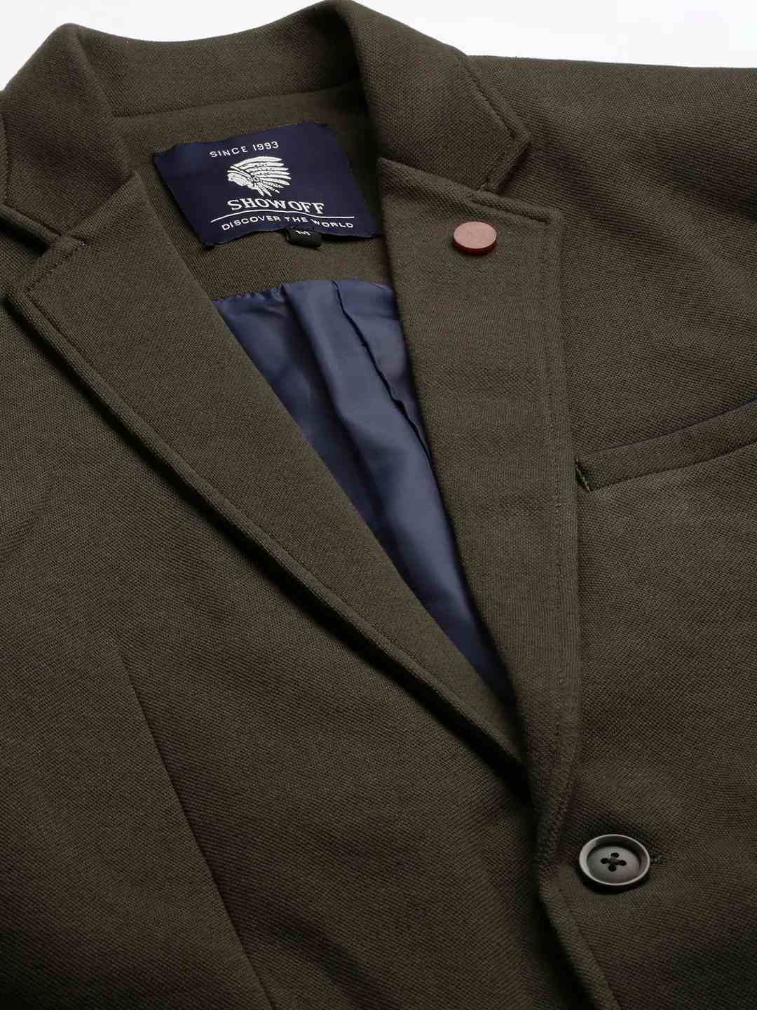 SHOWOFF Men Olive Solid Notched Lapel Full Sleeves Open Front Blazer