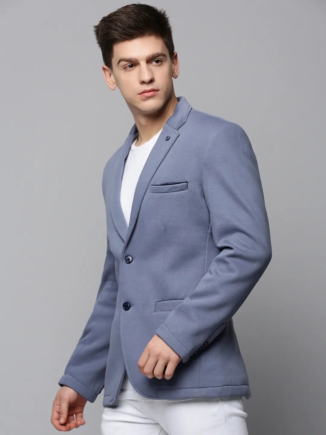 Showoff | SHOWOFF Men Grey Solid Notched Lapel Full Sleeves Open Front Blazer 2