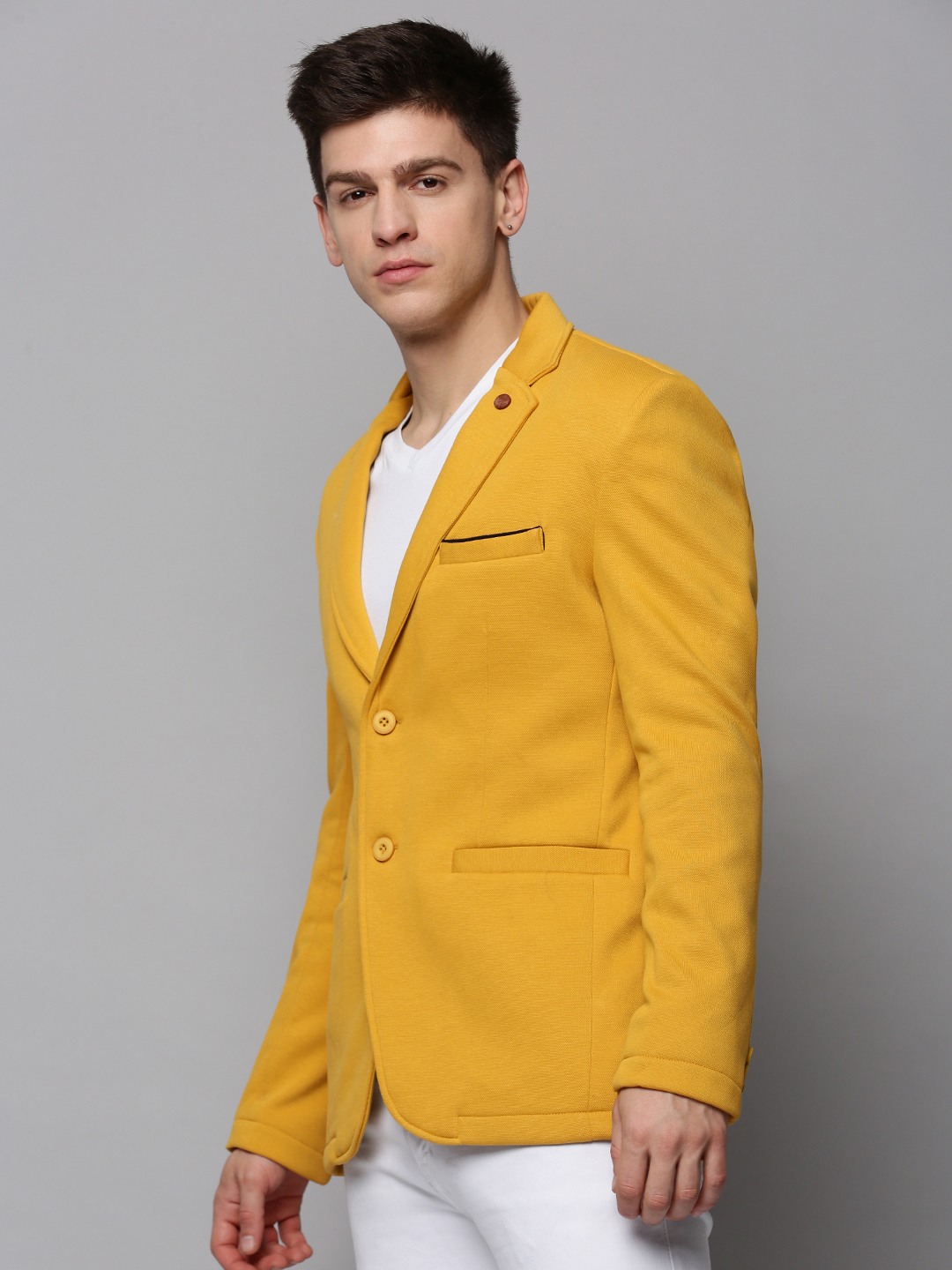 SHOWOFF Men Yellow Solid Notched Lapel Full Sleeves Open Front Blazer