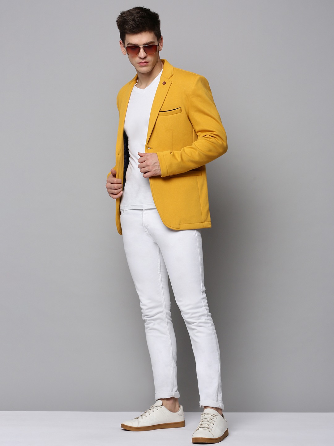 SHOWOFF Men Yellow Solid Notched Lapel Full Sleeves Open Front Blazer