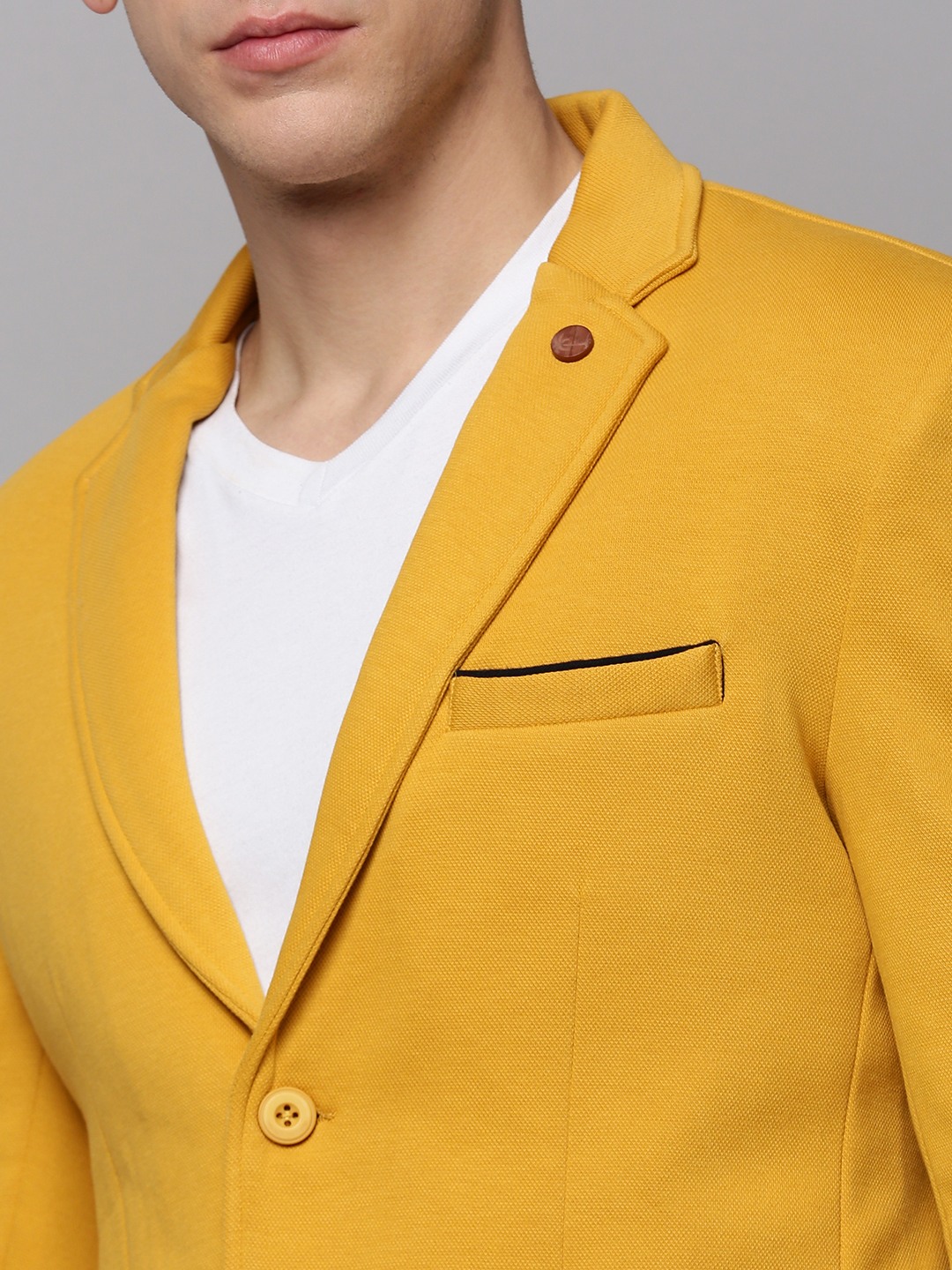SHOWOFF Men Yellow Solid Notched Lapel Full Sleeves Open Front Blazer