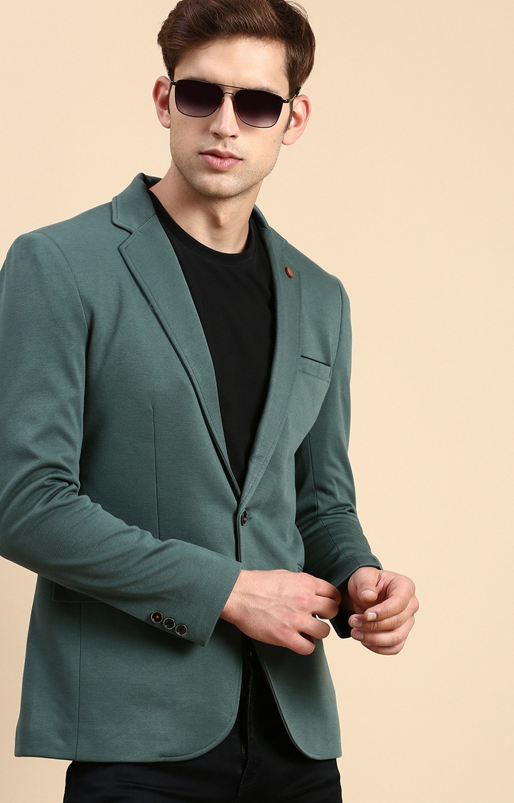 SHOWOFF Men's Single Breasted Green Solid Slim Fit Blazer