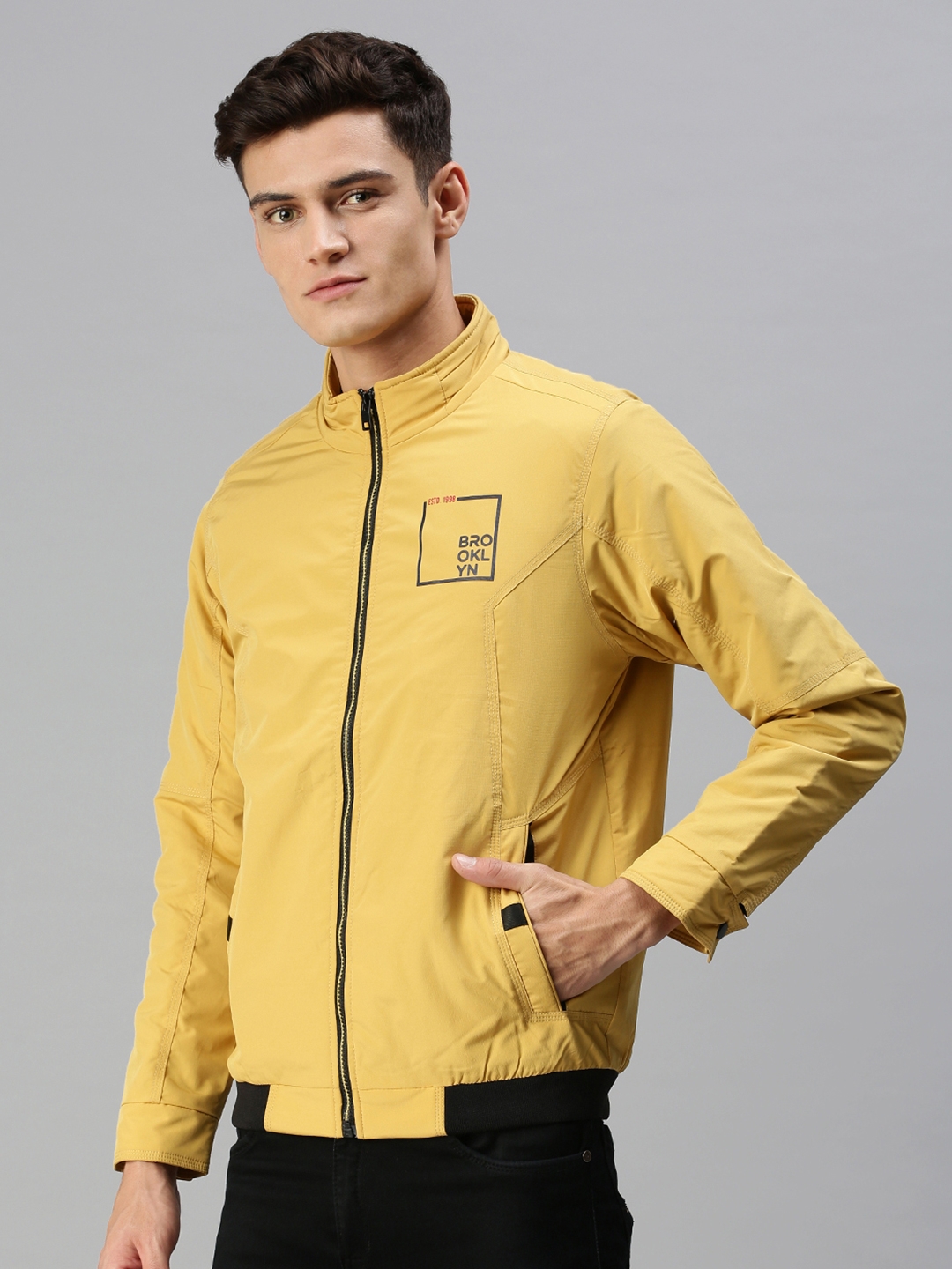 Showoff | SHOWOFF Men Mustard Solid Classic Collar Full Sleeves Slim Fit Mid Length Jacket 2