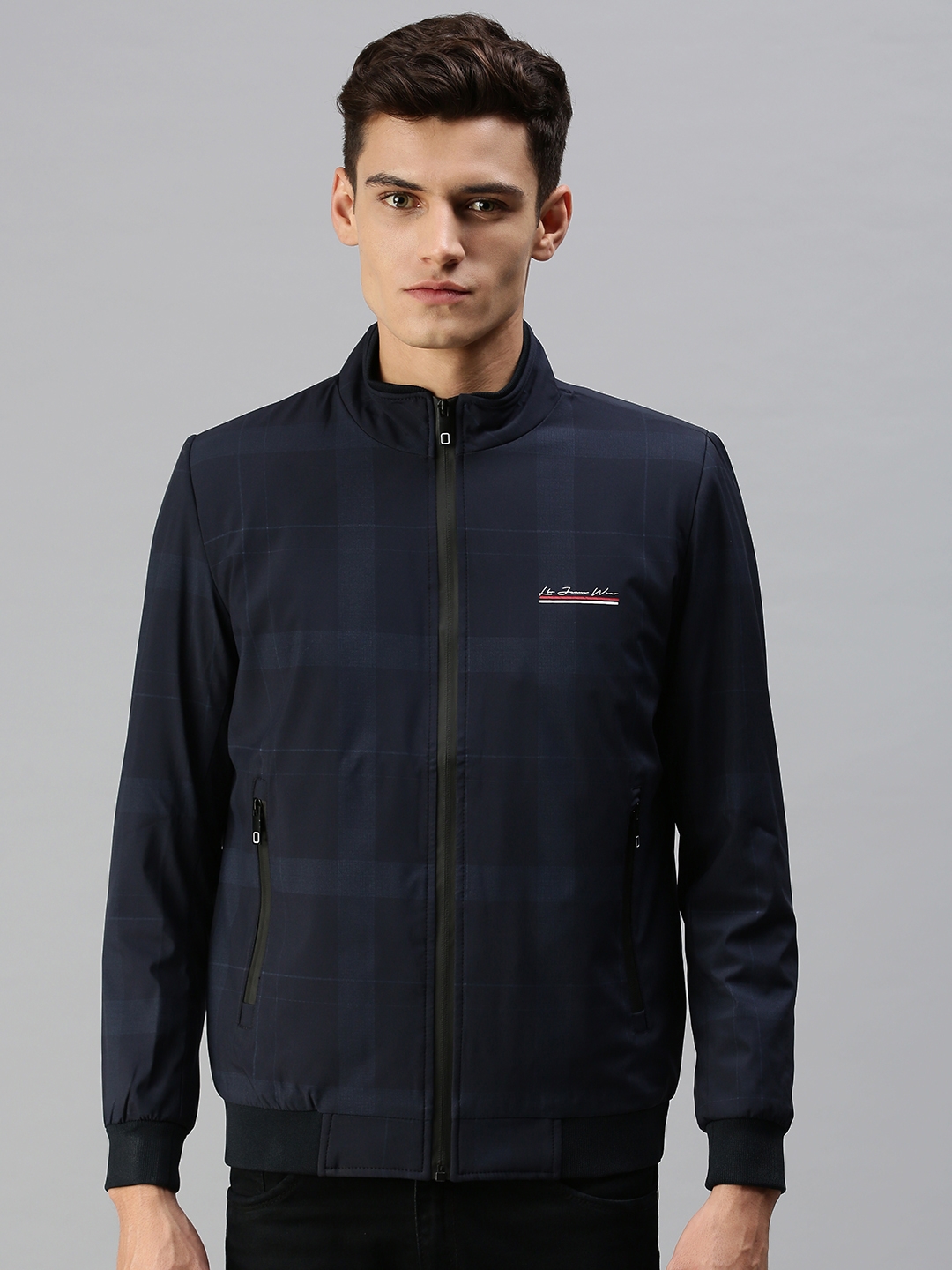 Showoff | SHOWOFF Men Navy Blue Checked Classic Collar Full Sleeves Slim Fit Mid Length Jacket 1