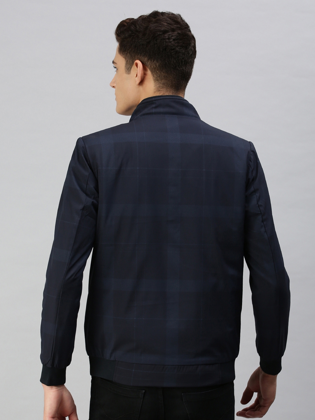 Showoff | SHOWOFF Men Navy Blue Checked Classic Collar Full Sleeves Slim Fit Mid Length Jacket 3