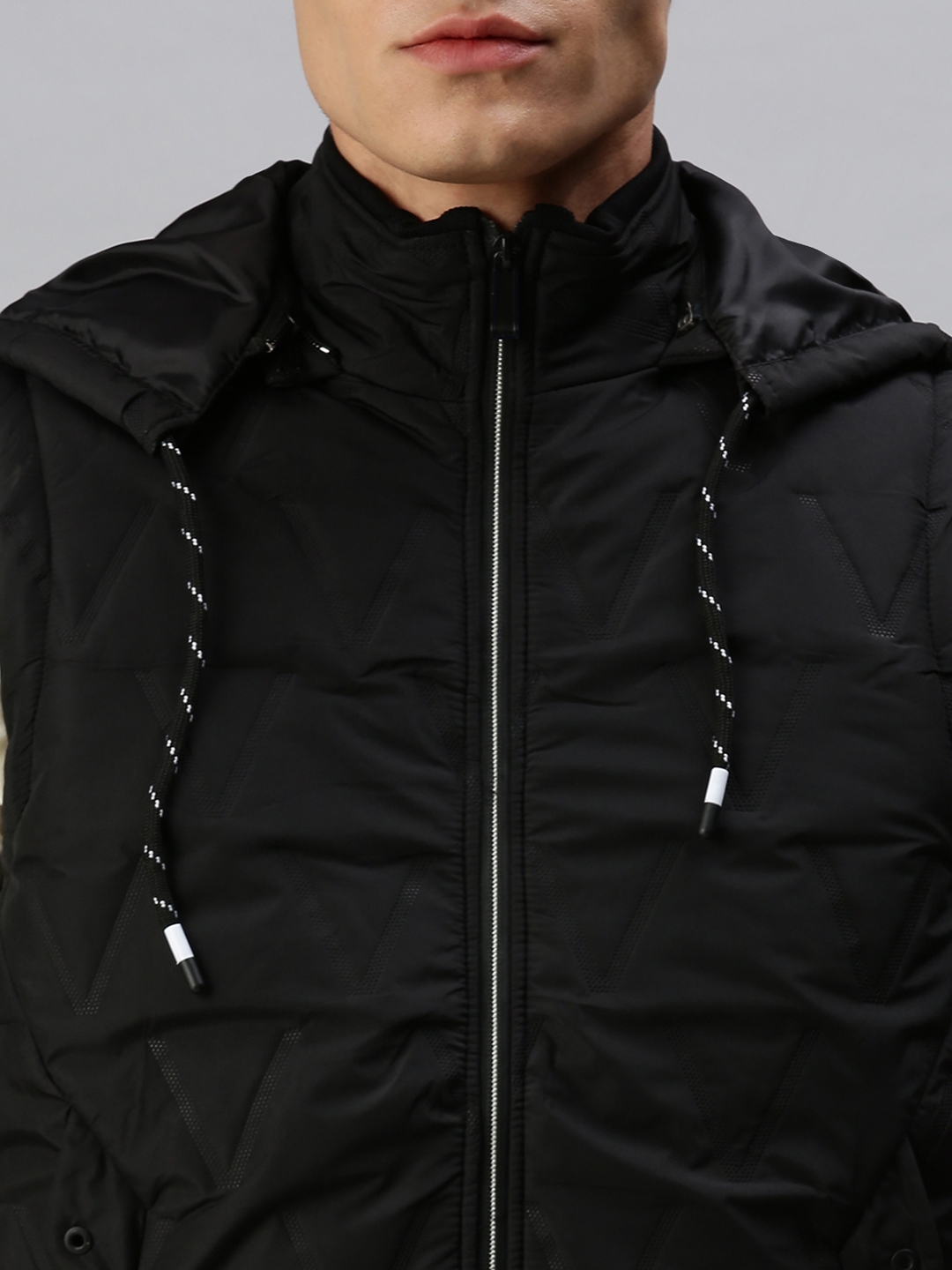 Showoff | SHOWOFF Men Black Solid Hooded Short Sleeves Slim Fit Mid Length Jacket 5