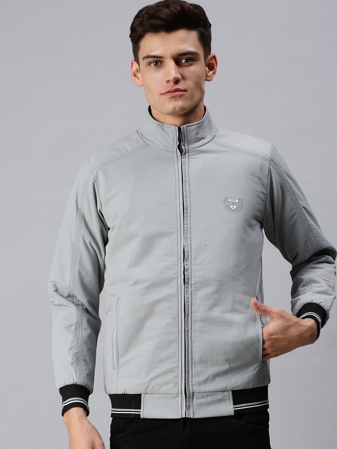 Showoff | SHOWOFF Men Grey Solid Classic Collar Full Sleeves Slim Fit Mid Length Bomber Jacket 0